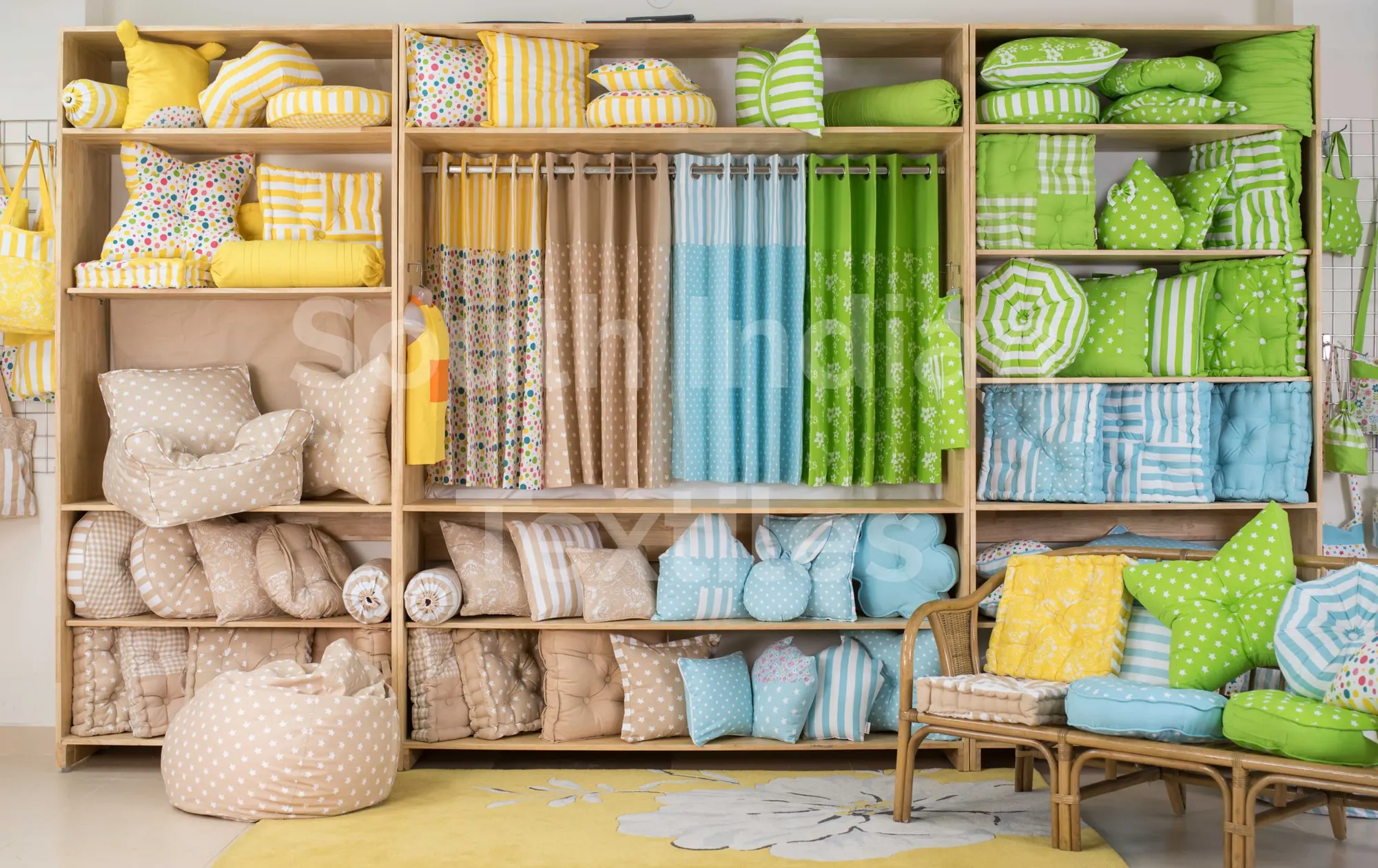 Shelves of cushions, bedding, curtains and filled items made by South Indian Textiles